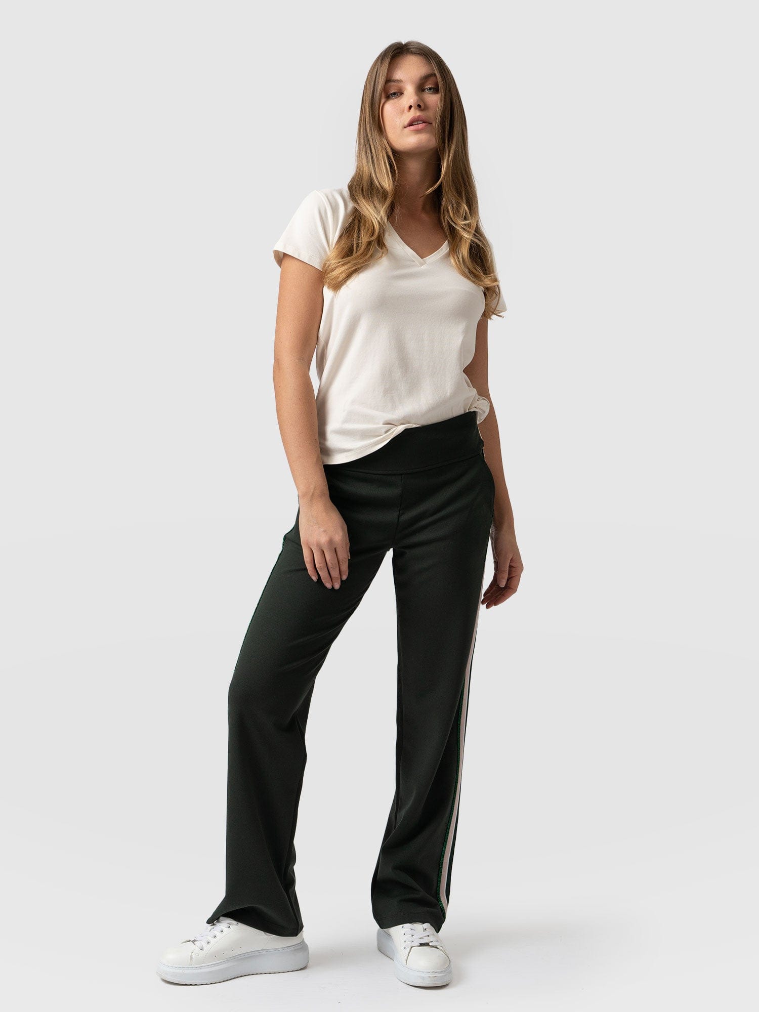 Runway Pant Bottle Green with Green/Pink Lurex Stripe - Women's Trousers | Saint + Sofia® UK